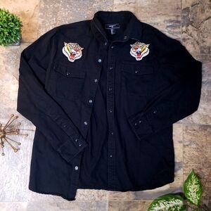Mens Black Long Sleeve Snap Button Up Shirt with Tiger Patches Forever 21 Size S